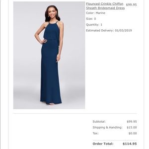 David’s Bridal Flounced Crinkle Chiffon Sheath Bridesmaid dress - Marine